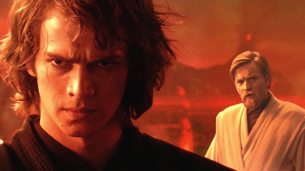Anakin Skywalker in the foreground looking serious, Obi-Wan in the background.