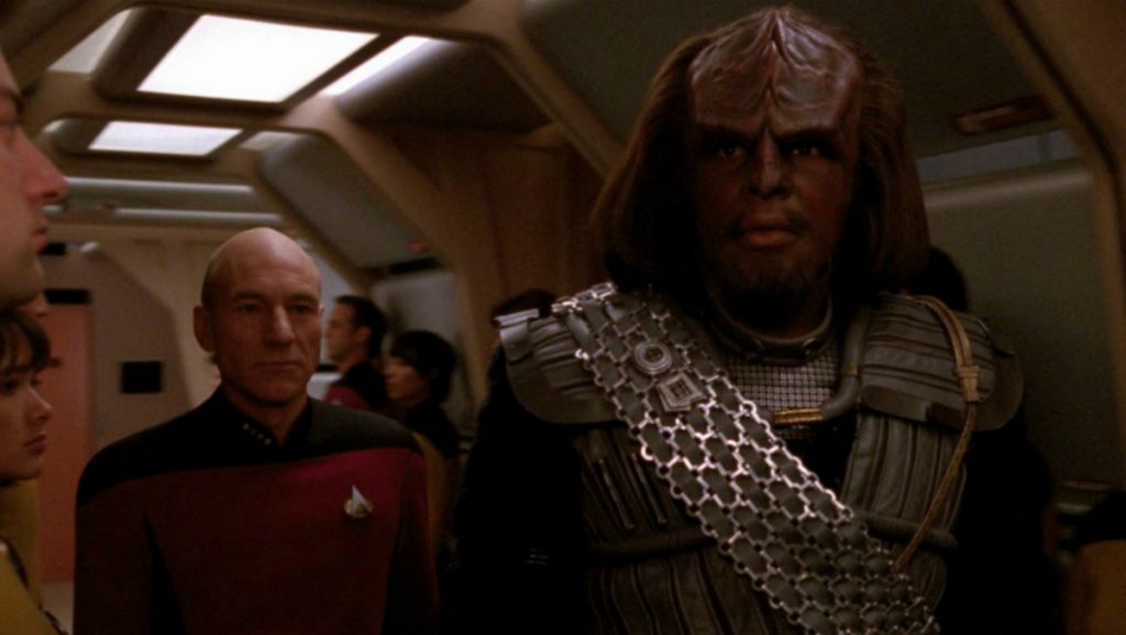 Worf leaves the Enterprise in the TNG season four finale, "Redemption."