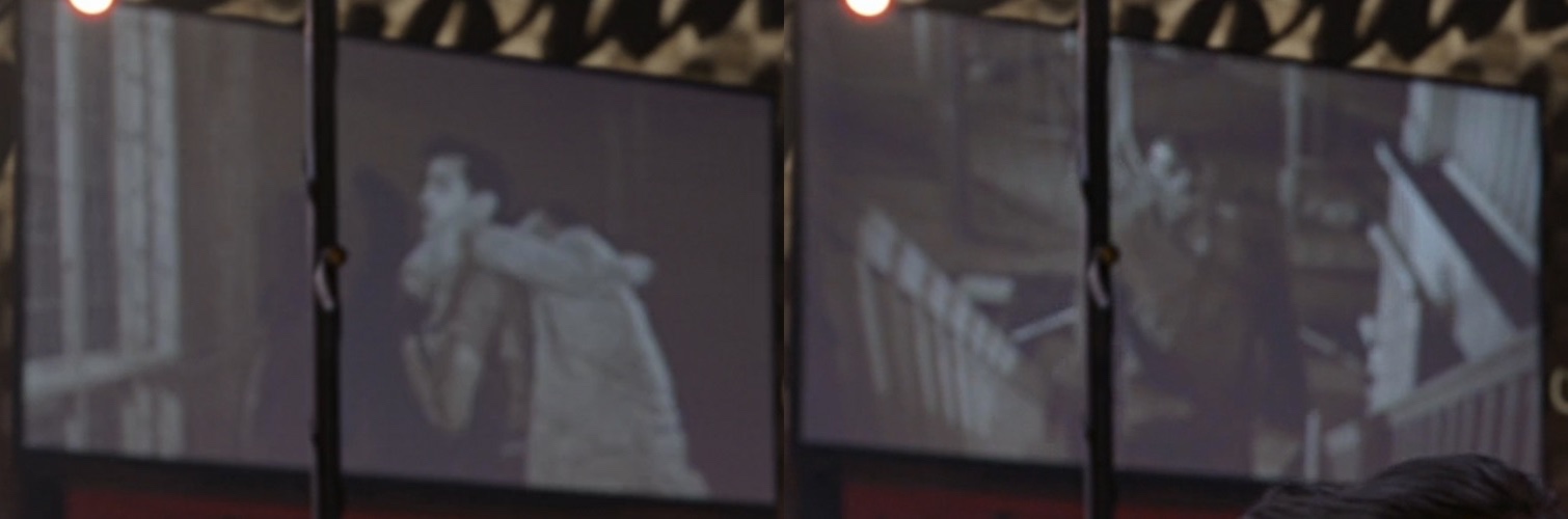 Two black and white movie stills side by side. In the first a white man carries someone on his back. In the second, on the right, a Black man stands at the bottom of a staircase.