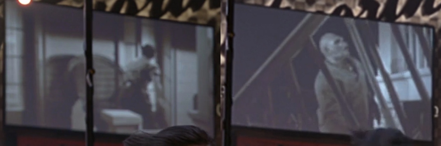 Two side by side frames from a black and white movie. On the left a man barricades a door with a large chair. On the right a monster walks up stairs.