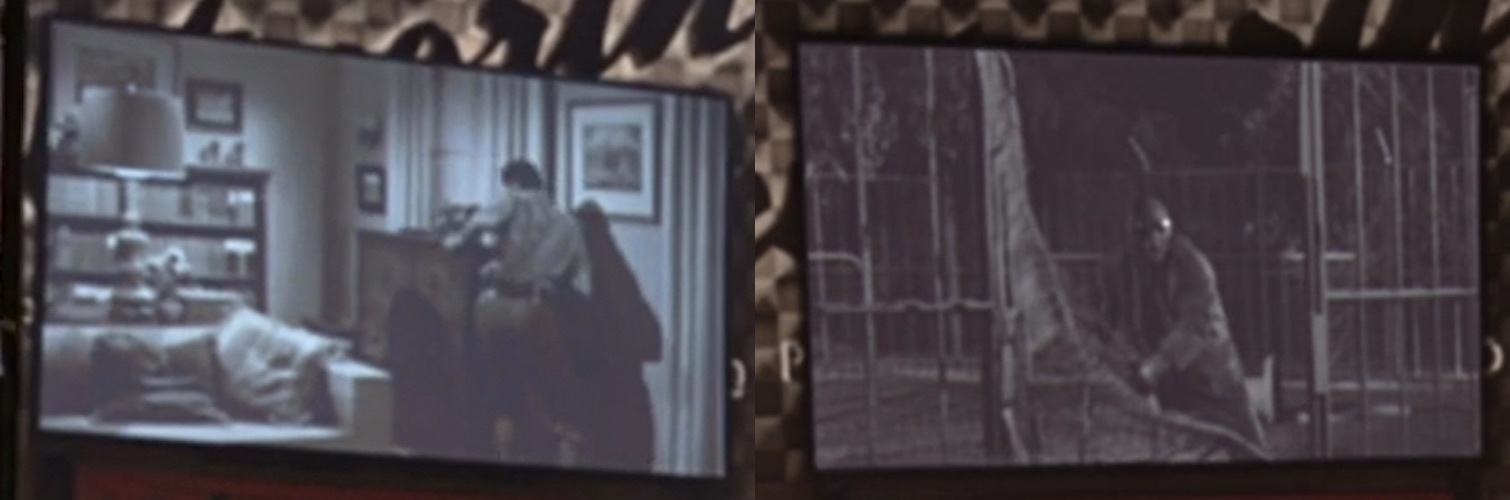 Two side by side frames from a black and white movie. On the left a man barricades a living room window with a piano. On the right a hideous monster breaks down a metal barricade outside.