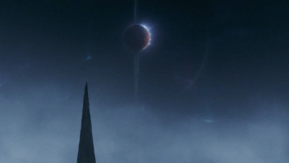 Two celestial bodies converge in the sky on The Acolyte