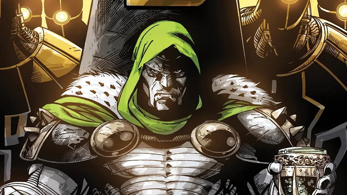 Doctor Doom scowls as he sits on his throne.