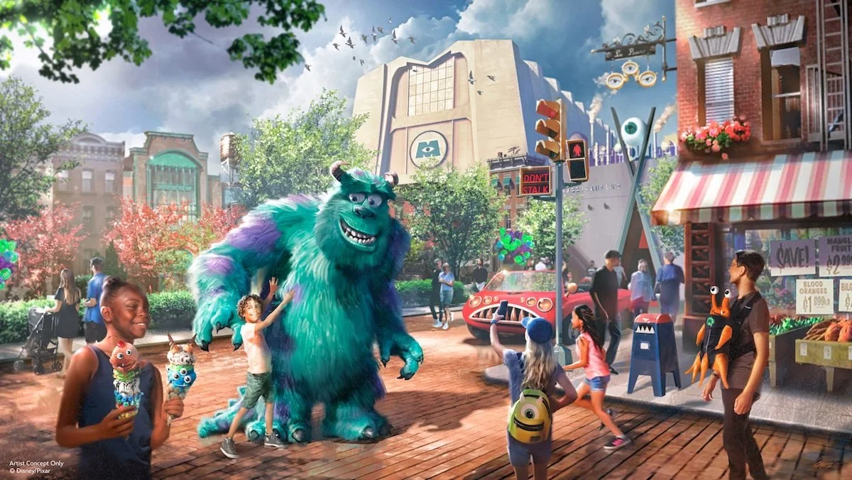 Concept art for Monsters, Inc. Land at Hollywood Studios showing attractions, guests, and Sully