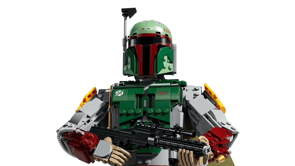 A Boba Fett statue made of LEGO.